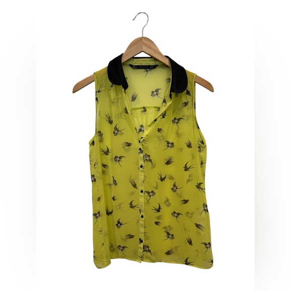 Neon Lime-Green Sleeveless Sheer Blouse with Black Collar - Picture 1 of 9